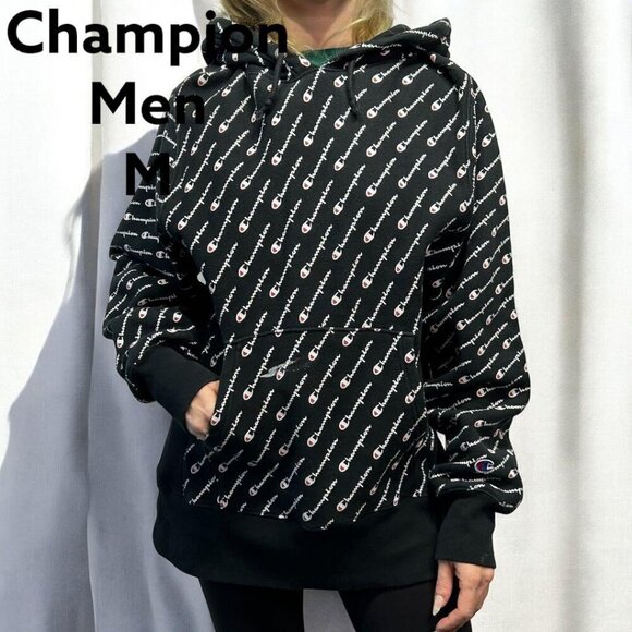 Unisex Vintage Champion Brand ID Blanket Print Hooded Revearse Weave Sweatshirt - Picture 1 of 11